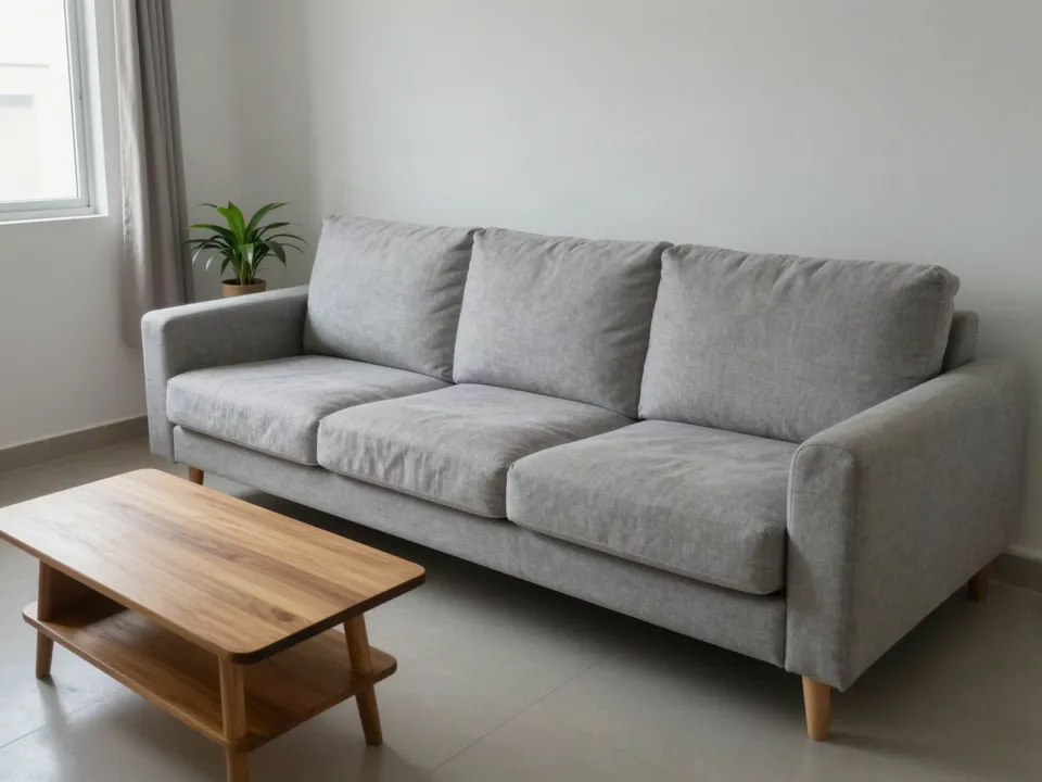 Sala con el Sofá Arrayán en lino gris y una mesa de centro de madera